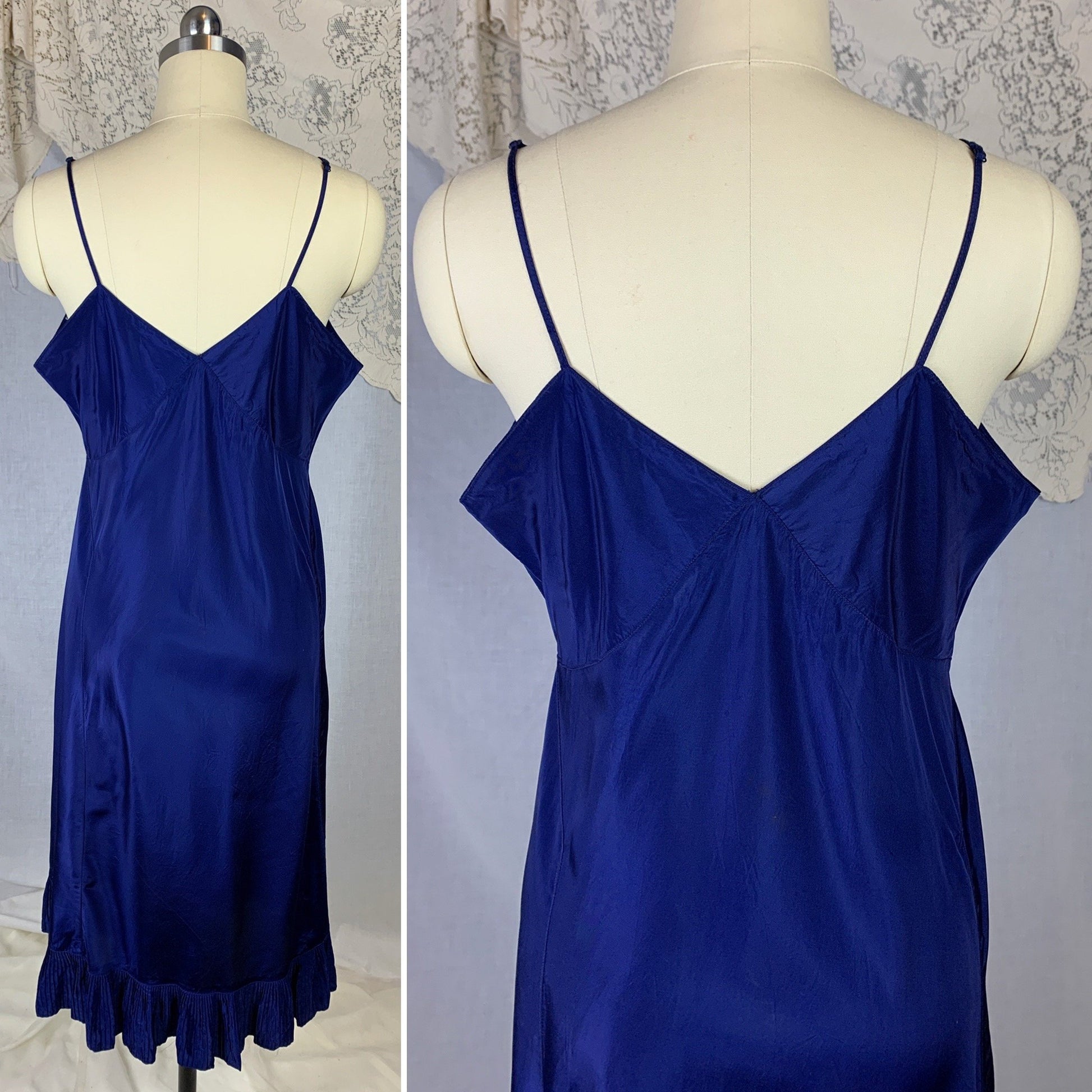 Vintage 1950's Slip | Rich Cobalt Blue Rayon with Crystal Pleat Hem | Size L, XL - Daggers & Dames