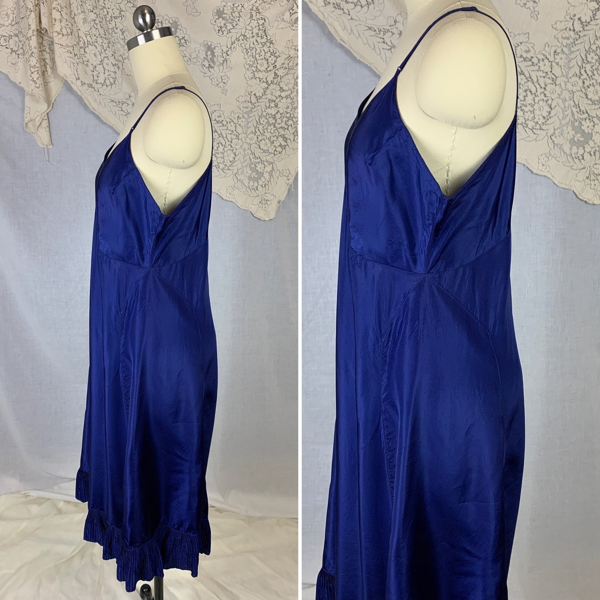 Vintage 1950's Slip | Rich Cobalt Blue Rayon with Crystal Pleat Hem | Size L, XL - Daggers & Dames