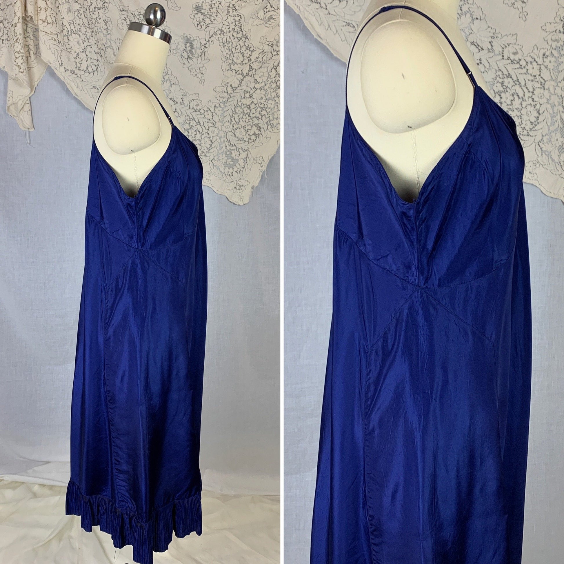 Vintage 1950's Slip | Rich Cobalt Blue Rayon with Crystal Pleat Hem | Size L, XL - Daggers & Dames