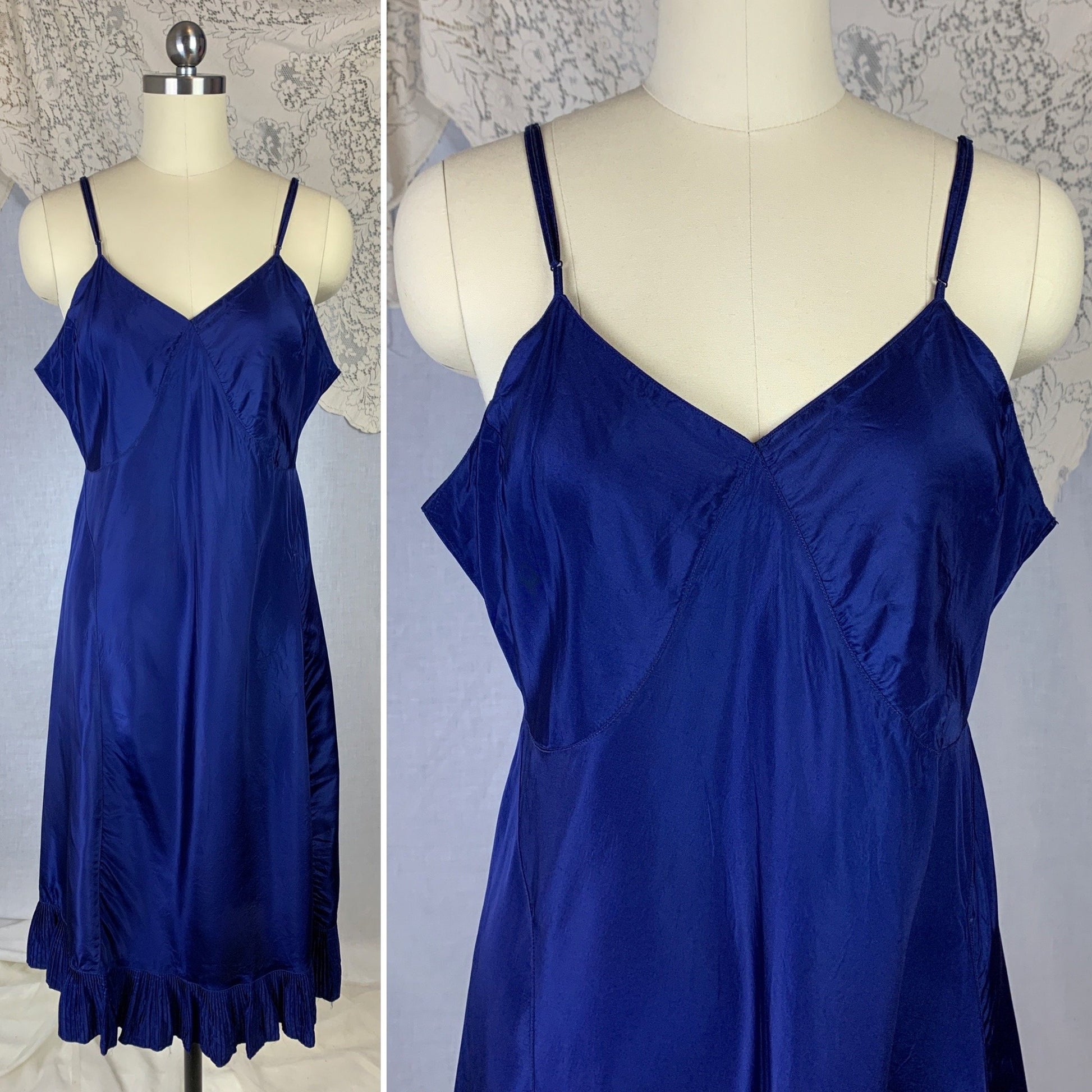 Vintage 1950's Slip | Rich Cobalt Blue Rayon with Crystal Pleat Hem | Size L, XL - Daggers & Dames
