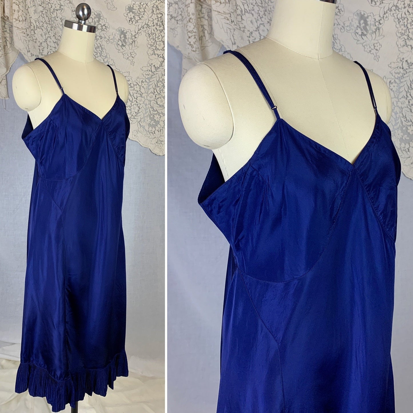 Vintage 1950's Slip | Rich Cobalt Blue Rayon with Crystal Pleat Hem | Size L, XL - Daggers & Dames