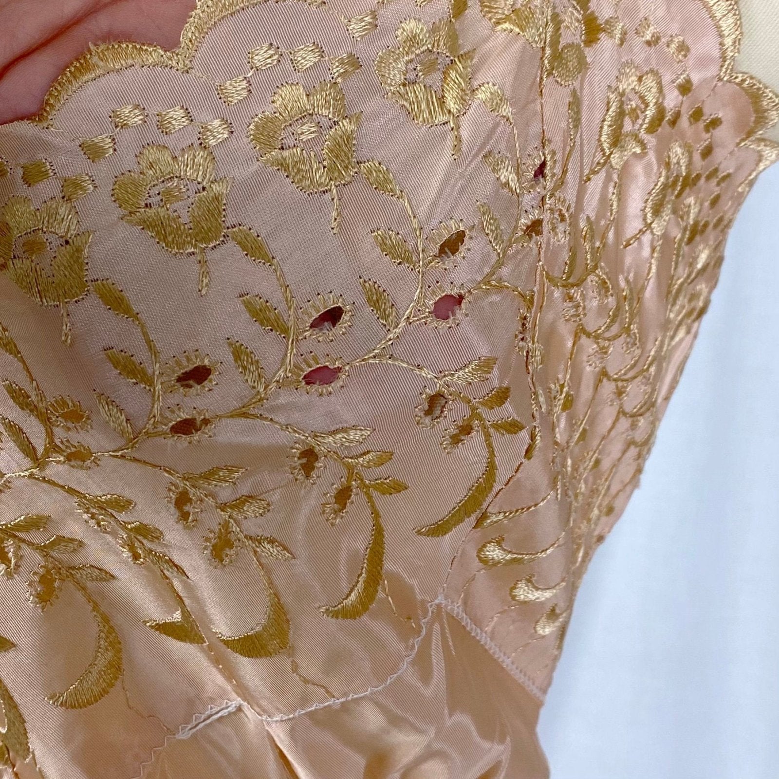 Vintage 1950's Slip | Rich Mauve Acetate with Gold Embroidery & Scalloped Hem | Size LG, XLG | Never Worn - Daggers & Dames