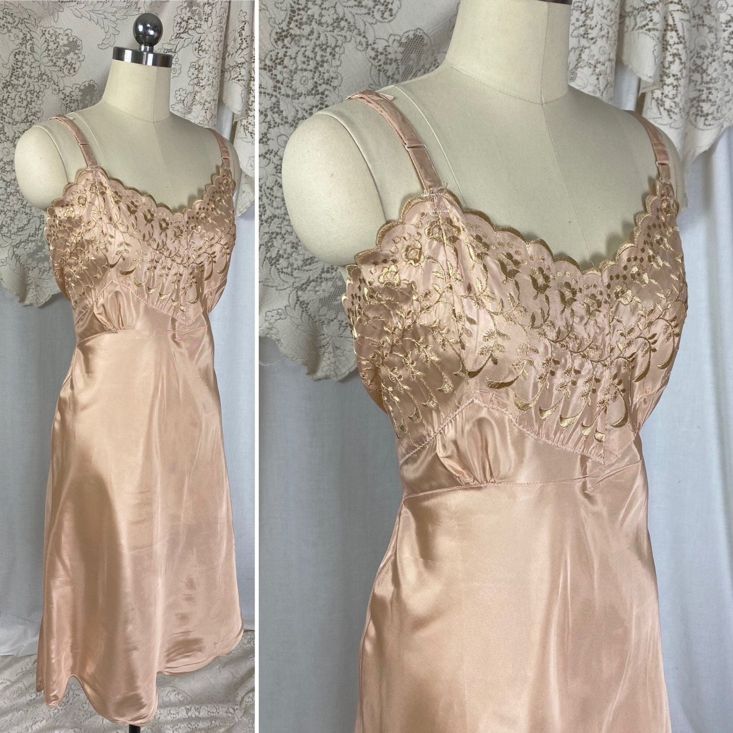 Vintage 1950's Slip | Rich Mauve Acetate with Gold Embroidery & Scalloped Hem | Size LG, XLG | Never Worn - Daggers & Dames