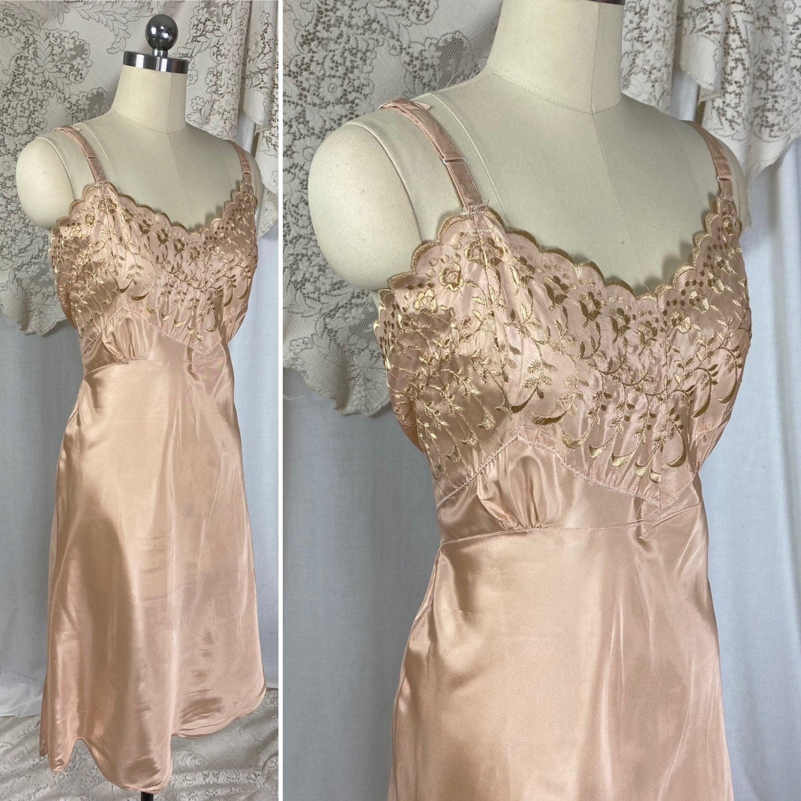 Vintage 1950's Slip | Rich Mauve Acetate with Gold Embroidery & Scalloped Hem | Size LG, XLG | Never Worn - Daggers & Dames