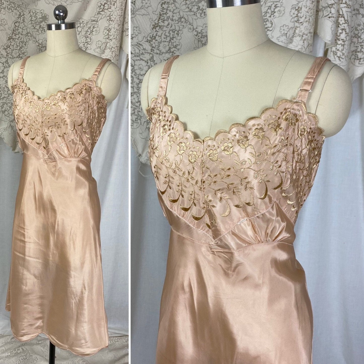 Vintage 1950's Slip | Rich Mauve Acetate with Gold Embroidery & Scalloped Hem | Size LG, XLG | Never Worn - Daggers & Dames