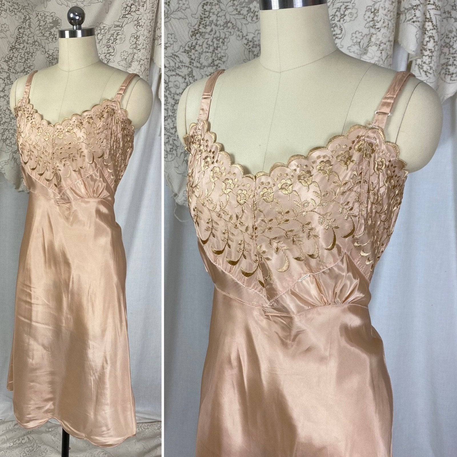 Vintage 1950's Slip | Rich Mauve Acetate with Gold Embroidery & Scalloped Hem | Size LG, XLG | Never Worn - Daggers & Dames