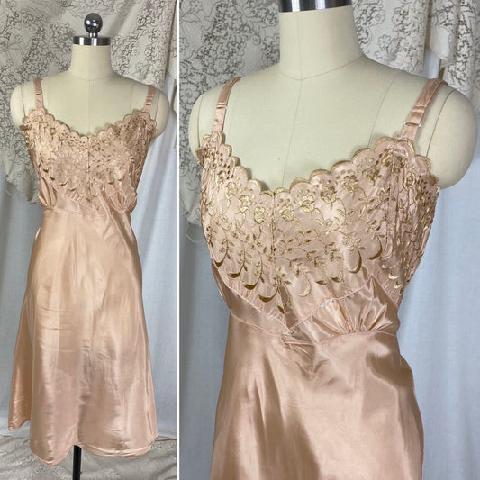 Vintage 1950's Slip | Rich Mauve Acetate with Gold Embroidery & Scalloped Hem | Size LG, XLG | Never Worn - Daggers & Dames