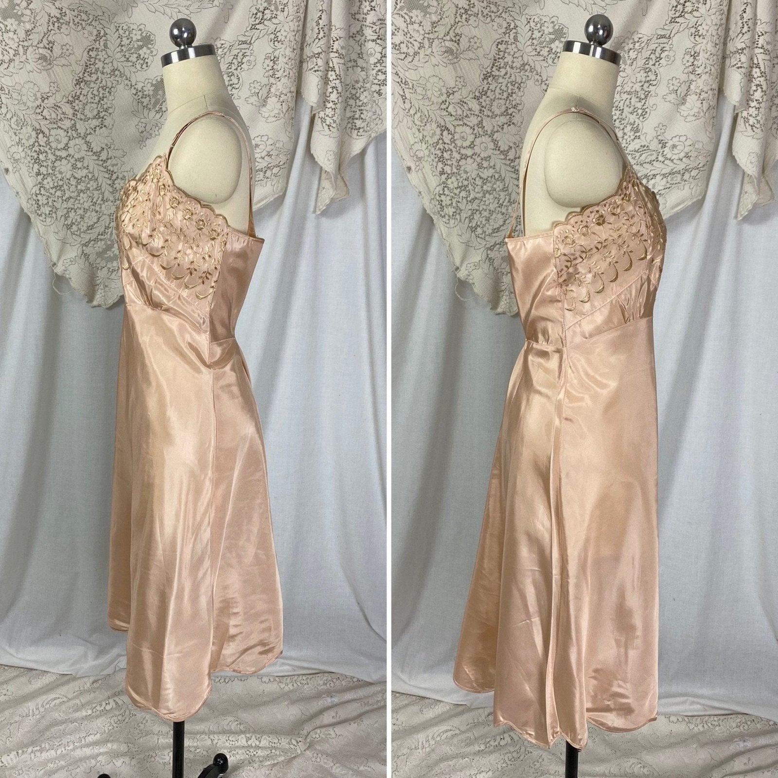 Vintage 1950's Slip | Rich Mauve Acetate with Gold Embroidery & Scalloped Hem | Size LG, XLG | Never Worn - Daggers & Dames