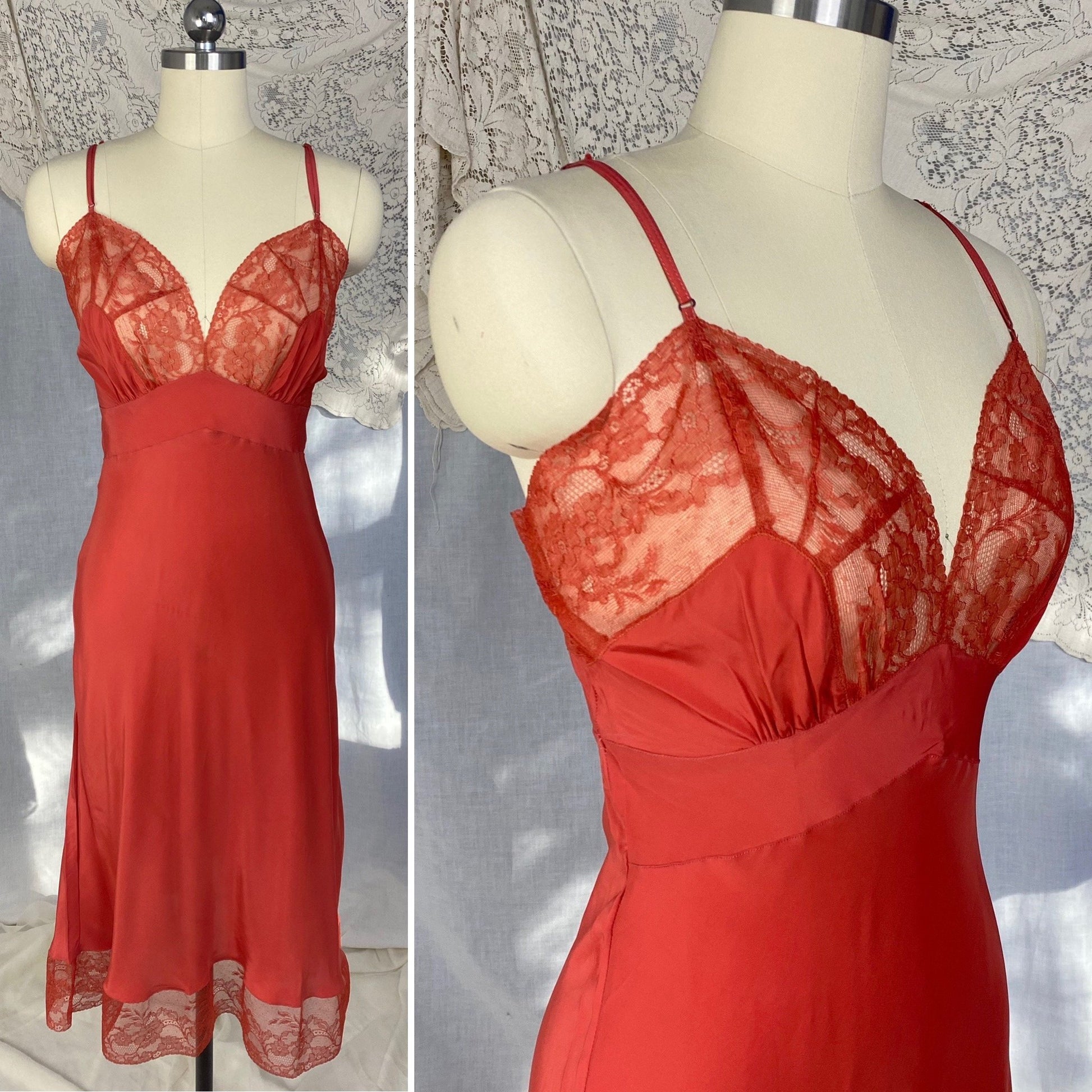 Vintage 1950's Slip | Scarlet Red Rayon with Floral Lace | Size S | Eye-Ful -Never Worn - Daggers & Dames