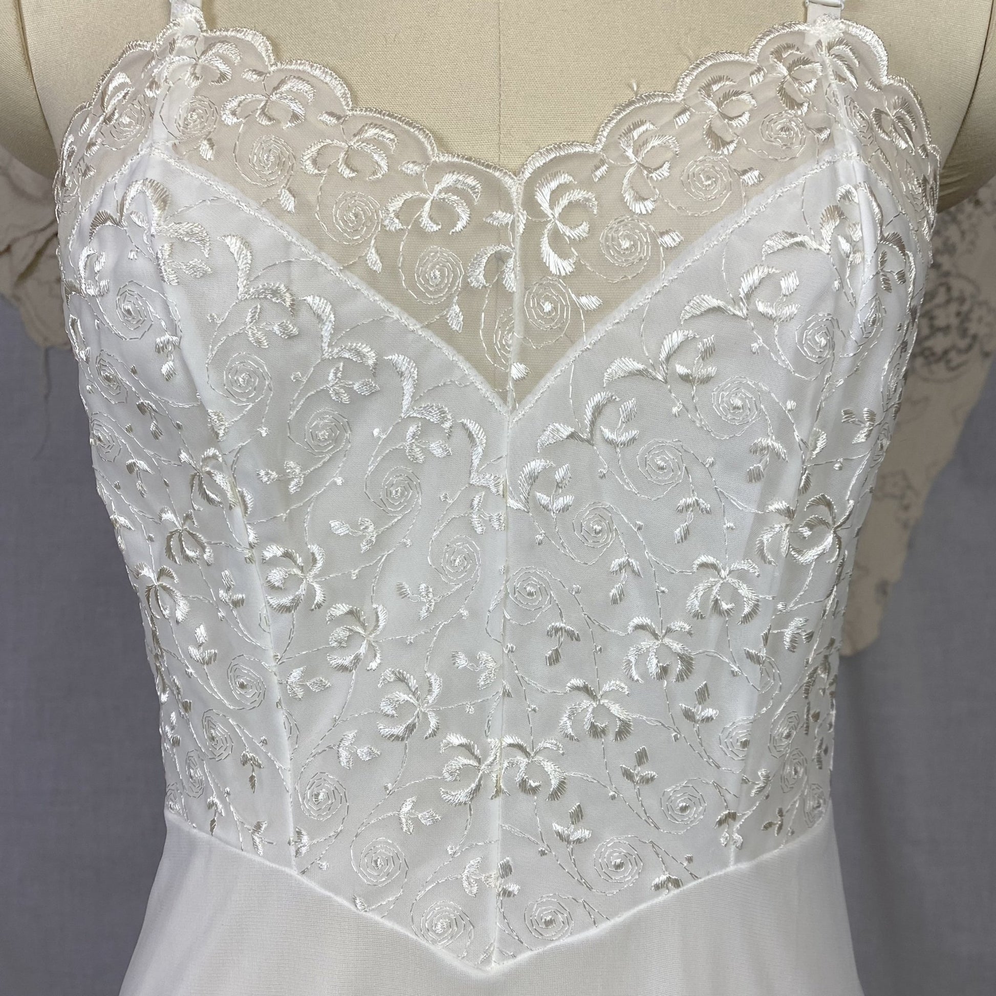 Vintage 1950's Slip | Sheer White Nylon with Floral Embroidered Chiffon | Size 34 Bust, S | Pembrook, Never Worn - Daggers & Dames