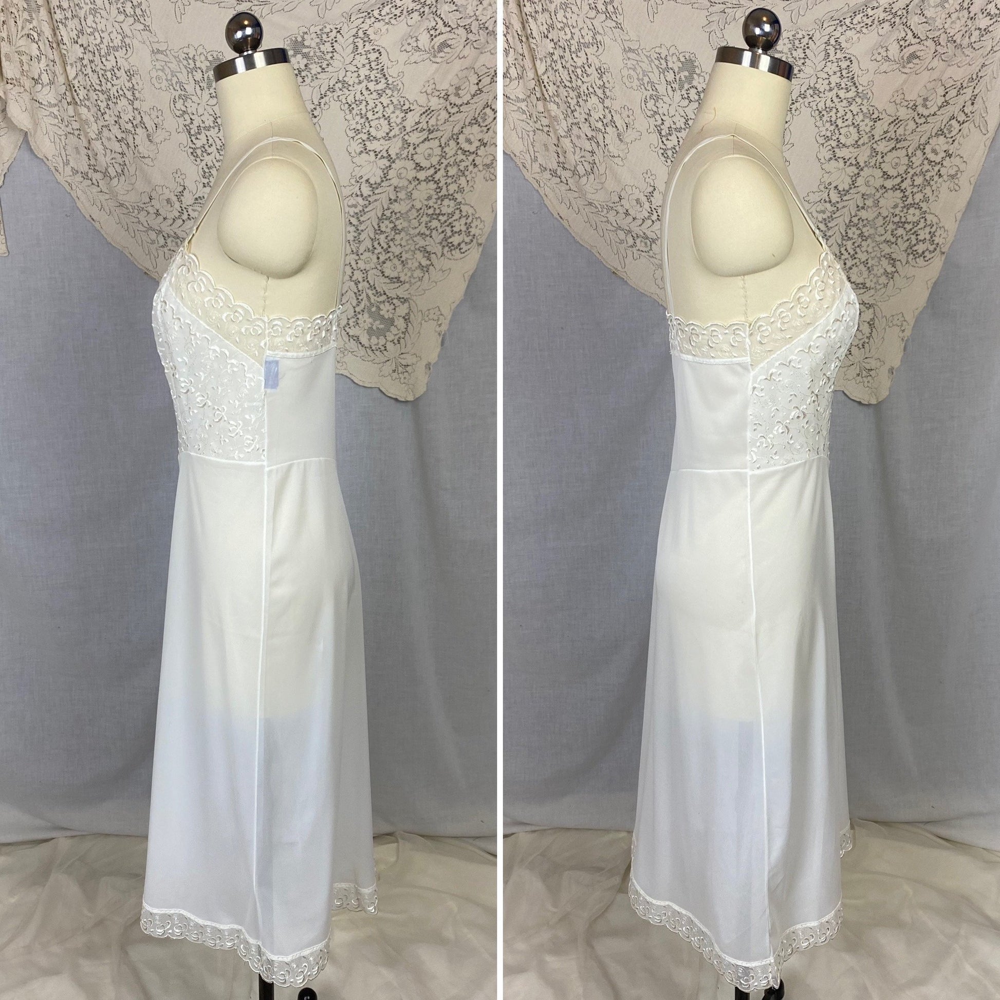 Vintage 1950's Slip | Sheer White Nylon with Floral Embroidered Chiffon | Size 34 Bust, S | Pembrook, Never Worn - Daggers & Dames