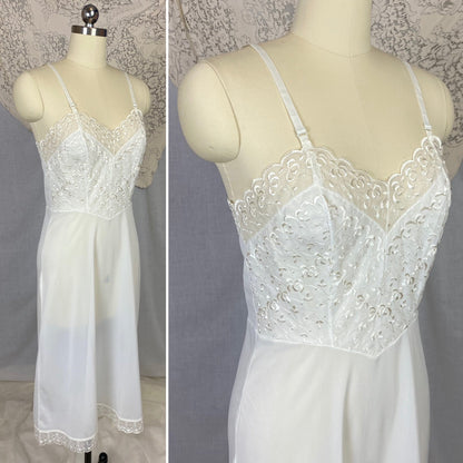 Vintage 1950's Slip | Sheer White Nylon with Floral Embroidered Chiffon | Size 34 Bust, S | Pembrook, Never Worn - Daggers & Dames