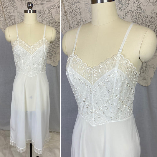 Vintage 1950's Slip | Sheer White Nylon with Floral Embroidered Chiffon | Size 34 Bust, S | Pembrook, Never Worn - Daggers & Dames