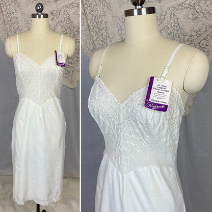 Vintage 1950's Slip | Soft White Nylon Cotton Batiste with Embroidery | Size 34-36 Bust, S/M | Pembrook, New with Tags - Daggers & Dames