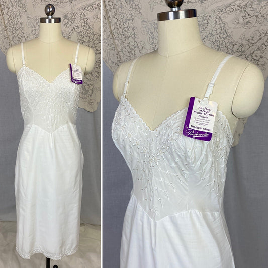 Vintage 1950's Slip | Soft White Nylon Cotton Batiste with Embroidery | Size 34-36 Bust, S/M | Pembrook, New with Tags - Daggers & Dames