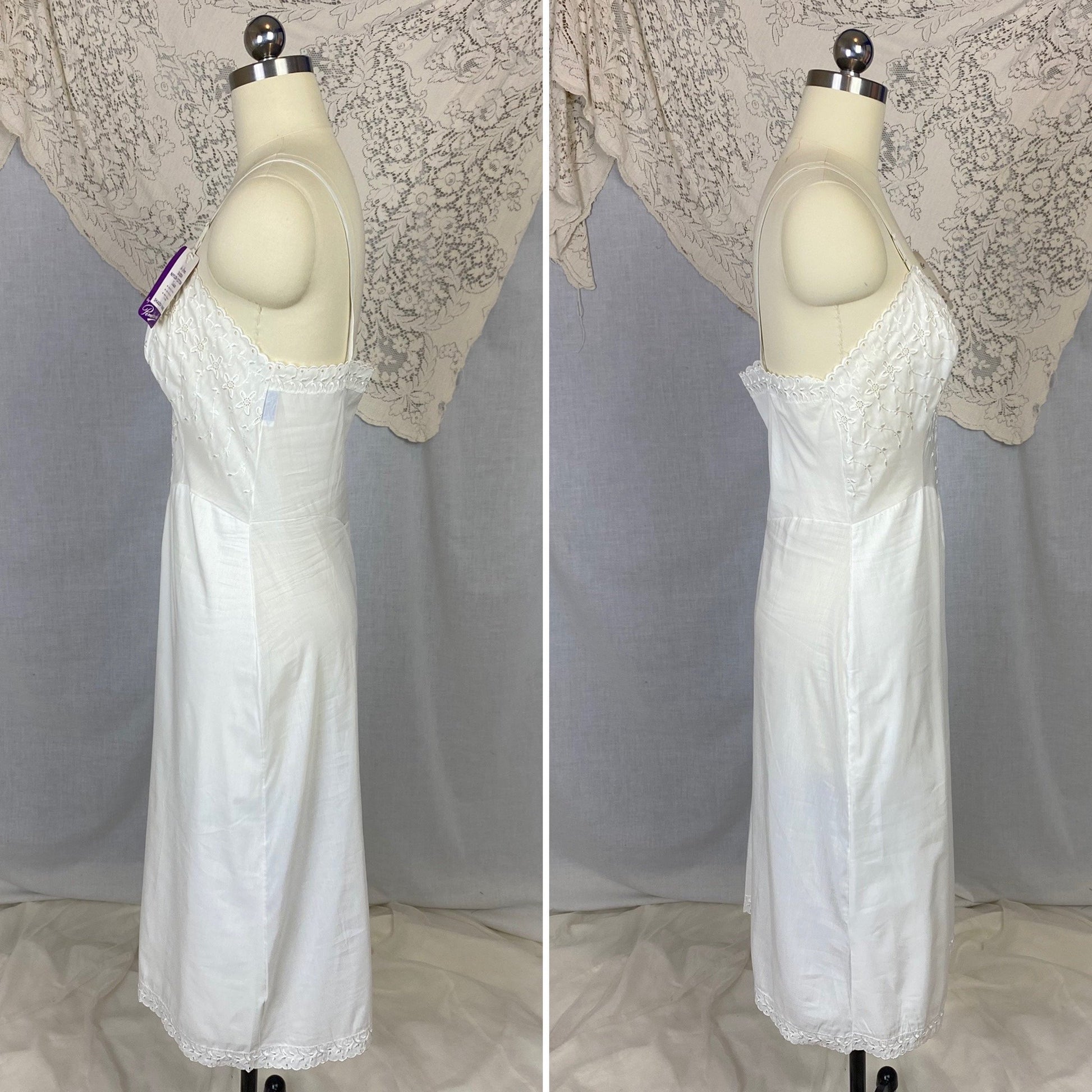 Vintage 1950's Slip | Soft White Nylon Cotton Batiste with Embroidery | Size 34-36 Bust, S/M | Pembrook, New with Tags - Daggers & Dames