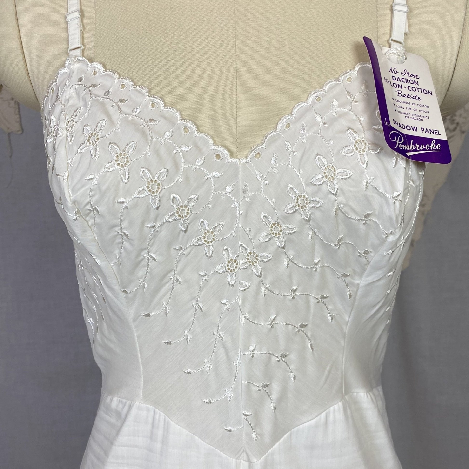 Vintage 1950's Slip | Soft White Nylon Cotton Batiste with Embroidery | Size 34-36 Bust, S/M | Pembrook, New with Tags - Daggers & Dames