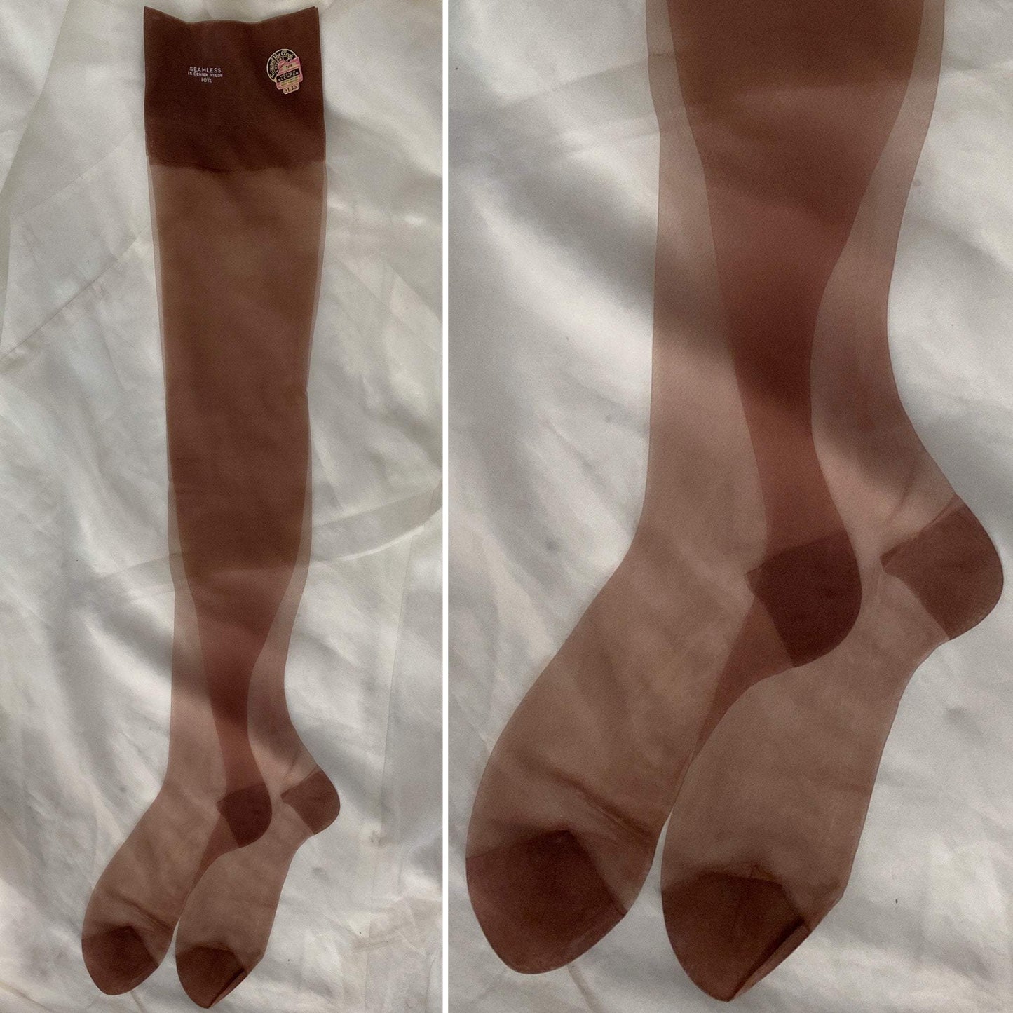 Vintage 1950's Stockings | Seamless Nude Diamond Mesh Nylon | Size 9.5, 10, 10.5 | Round the Clock - Daggers & Dames