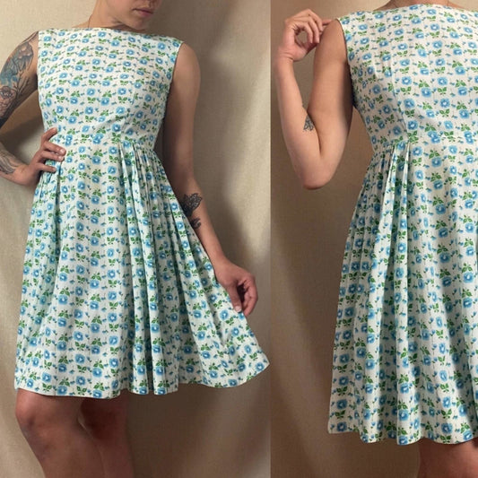 Vintage 1950's Sun Dress | White Rayon Cotton Blend with Blue Floral Print & Full Skirt | Size 34 Bust, XS - Daggers & Dames