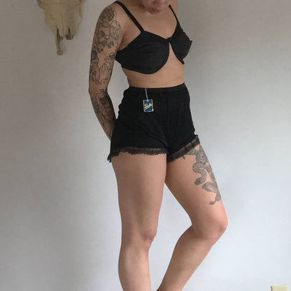 Vintage 1950's Tap Pants Panties | Black Rayon with Eyelet Lace | New Old Stock | Size SM/M - Daggers & Dames