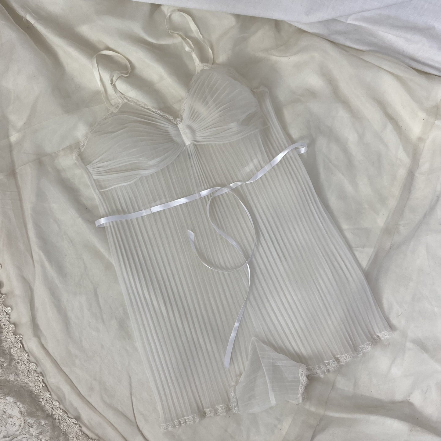 Vintage 1950's Teddy | Sheer White Crystal Pleated Nylon Chiffon with Lace & Satin Ribbon Tie | Size S, M | Vanity Fair - Daggers & Dames