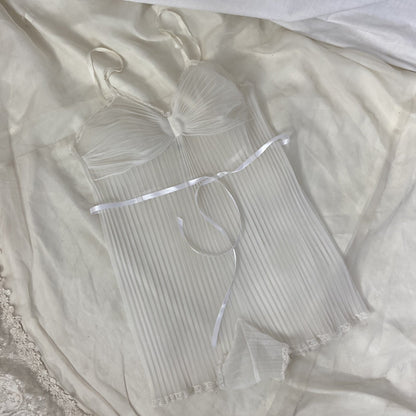 Vintage 1950's Teddy | Sheer White Crystal Pleated Nylon Chiffon with Lace & Satin Ribbon Tie | Size S, M | Vanity Fair - Daggers & Dames