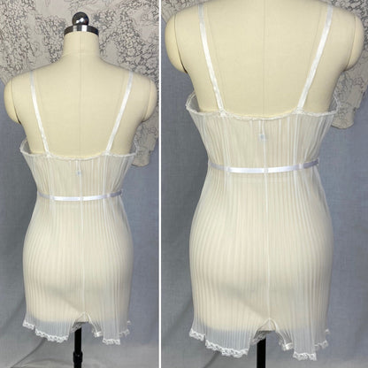 Vintage 1950's Teddy | Sheer White Crystal Pleated Nylon Chiffon with Lace & Satin Ribbon Tie | Size S, M | Vanity Fair - Daggers & Dames