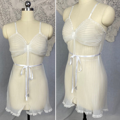 Vintage 1950's Teddy | Sheer White Crystal Pleated Nylon Chiffon with Lace & Satin Ribbon Tie | Size S, M | Vanity Fair - Daggers & Dames