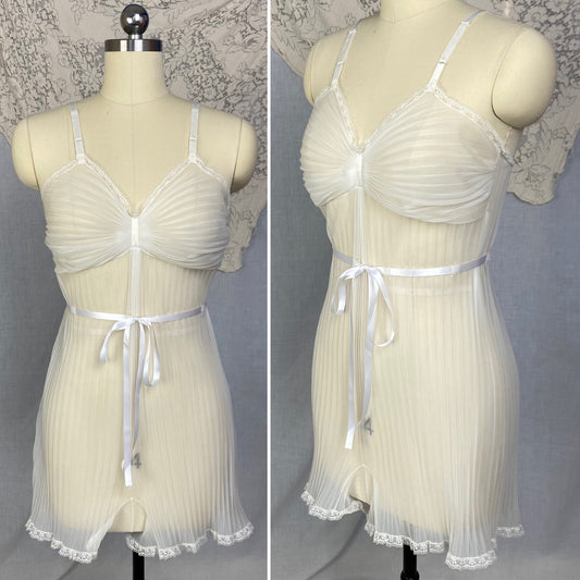 Vintage 1950's Teddy | Sheer White Crystal Pleated Nylon Chiffon with Lace & Satin Ribbon Tie | Size S, M | Vanity Fair - Daggers & Dames