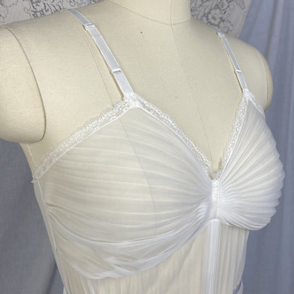 Vintage 1950's Teddy | Sheer White Crystal Pleated Nylon Chiffon with Lace & Satin Ribbon Tie | Size S, M | Vanity Fair - Daggers & Dames