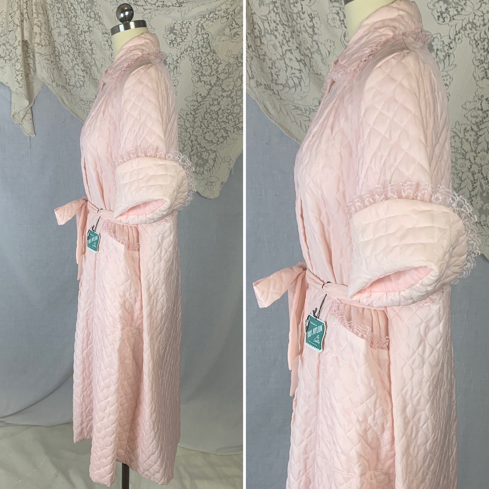 Vintage 1950's Tent Robe | Light Pink Quilted Nylon with Lace | Size Free | Cadillac - New with Tag - Daggers & Dames