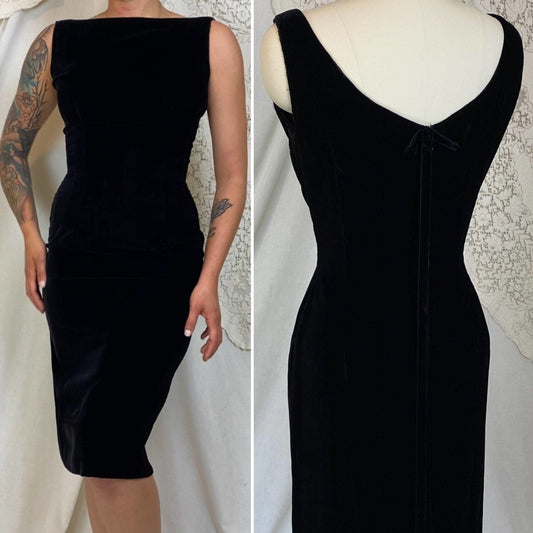 Vintage 1950's Wiggle Dress | Plush Black Velvet with Boatneck & Ribbon Bow | Size XS, S | Parklane Debs - Daggers & Dames