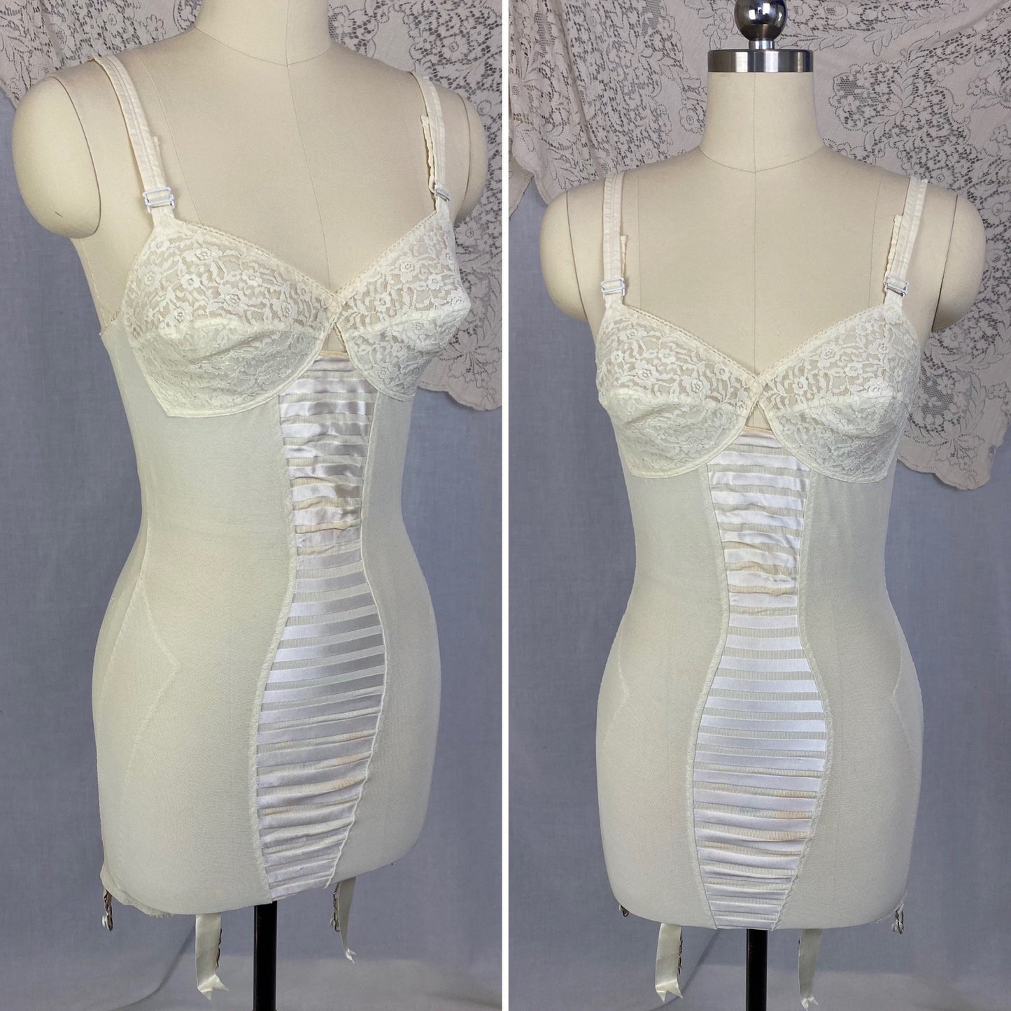 Vintage 1960's All in One Girdle | Creamy White Elastic Power Mesh & Lace with Rayon Satin Stripes | Size 34-36, S | Fashion Hour by Blair - Daggers & Dames
