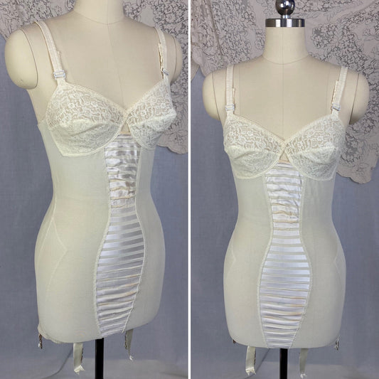 Vintage 1960's All in One Girdle | Creamy White Elastic Power Mesh & Lace with Rayon Satin Stripes | Size 34-36, S | Fashion Hour by Blair - Daggers & Dames
