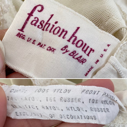 Vintage 1960's All in One Girdle | Creamy White Elastic Power Mesh & Lace with Rayon Satin Stripes | Size 34-36, S | Fashion Hour by Blair - Daggers & Dames