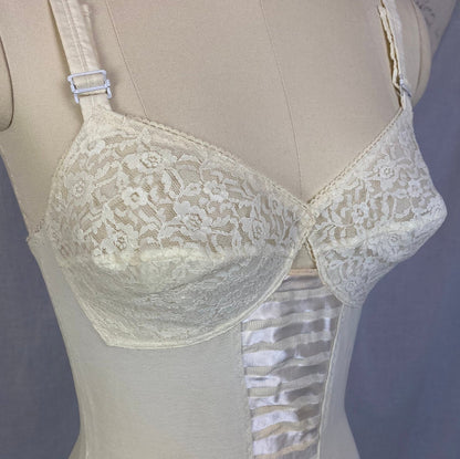 Vintage 1960's All in One Girdle | Creamy White Elastic Power Mesh & Lace with Rayon Satin Stripes | Size 34-36, S | Fashion Hour by Blair - Daggers & Dames