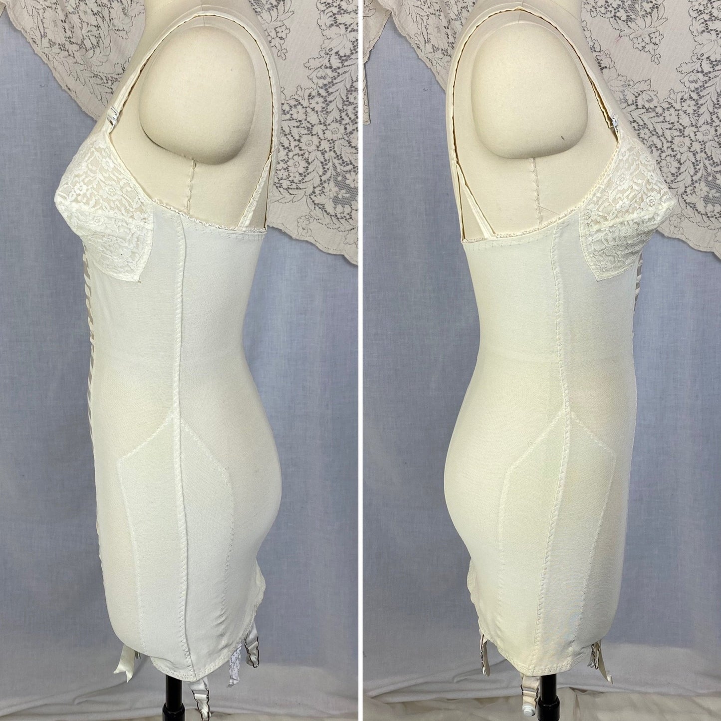 Vintage 1960's All in One Girdle | Creamy White Elastic Power Mesh & Lace with Rayon Satin Stripes | Size 34-36, S | Fashion Hour by Blair - Daggers & Dames