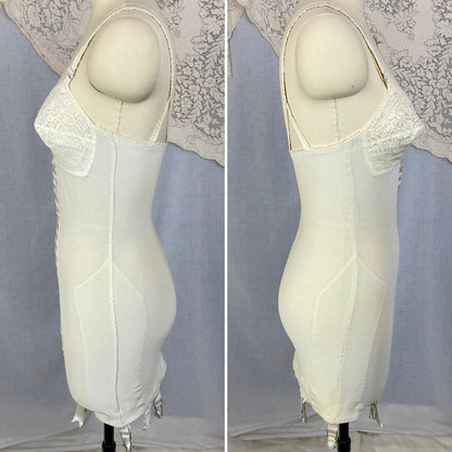 Vintage 1960's All in One Girdle | Creamy White Elastic Power Mesh & Lace with Rayon Satin Stripes | Size 34-36, S | Fashion Hour by Blair - Daggers & Dames
