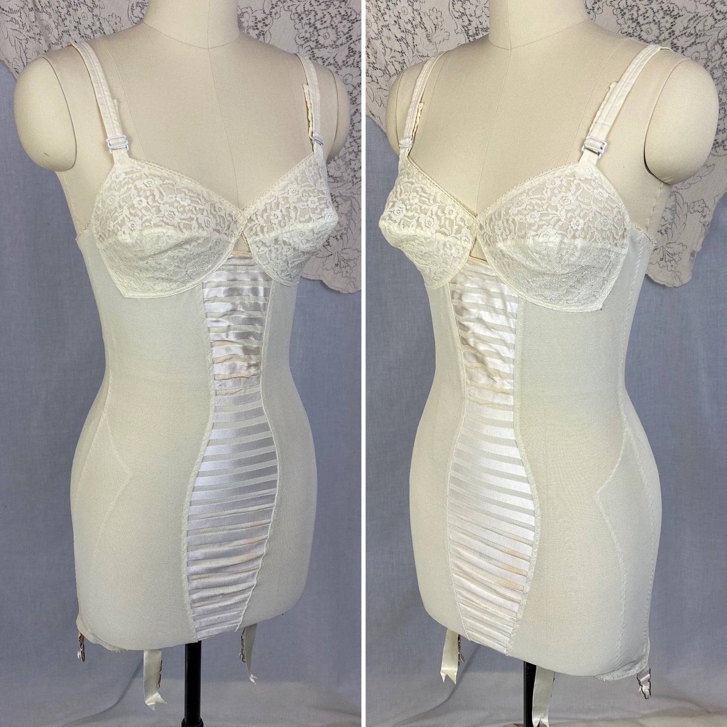 Vintage 1960's All in One Girdle | Creamy White Elastic Power Mesh & Lace with Rayon Satin Stripes | Size 34-36, S | Fashion Hour by Blair - Daggers & Dames