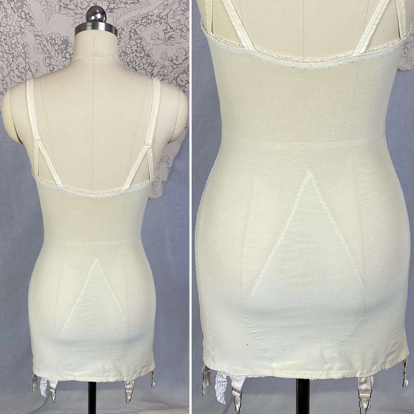 Vintage 1960's All in One Girdle | Creamy White Elastic Power Mesh & Lace with Rayon Satin Stripes | Size 34-36, S | Fashion Hour by Blair - Daggers & Dames