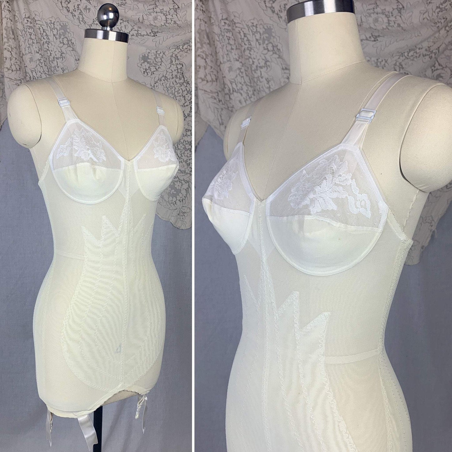 Vintage 1960's All in One Girdle | Pale Yellow & White Lycra Double Tulip Control with Bullet Cups | Size 34 B, S | Vanity Fair - Daggers & Dames