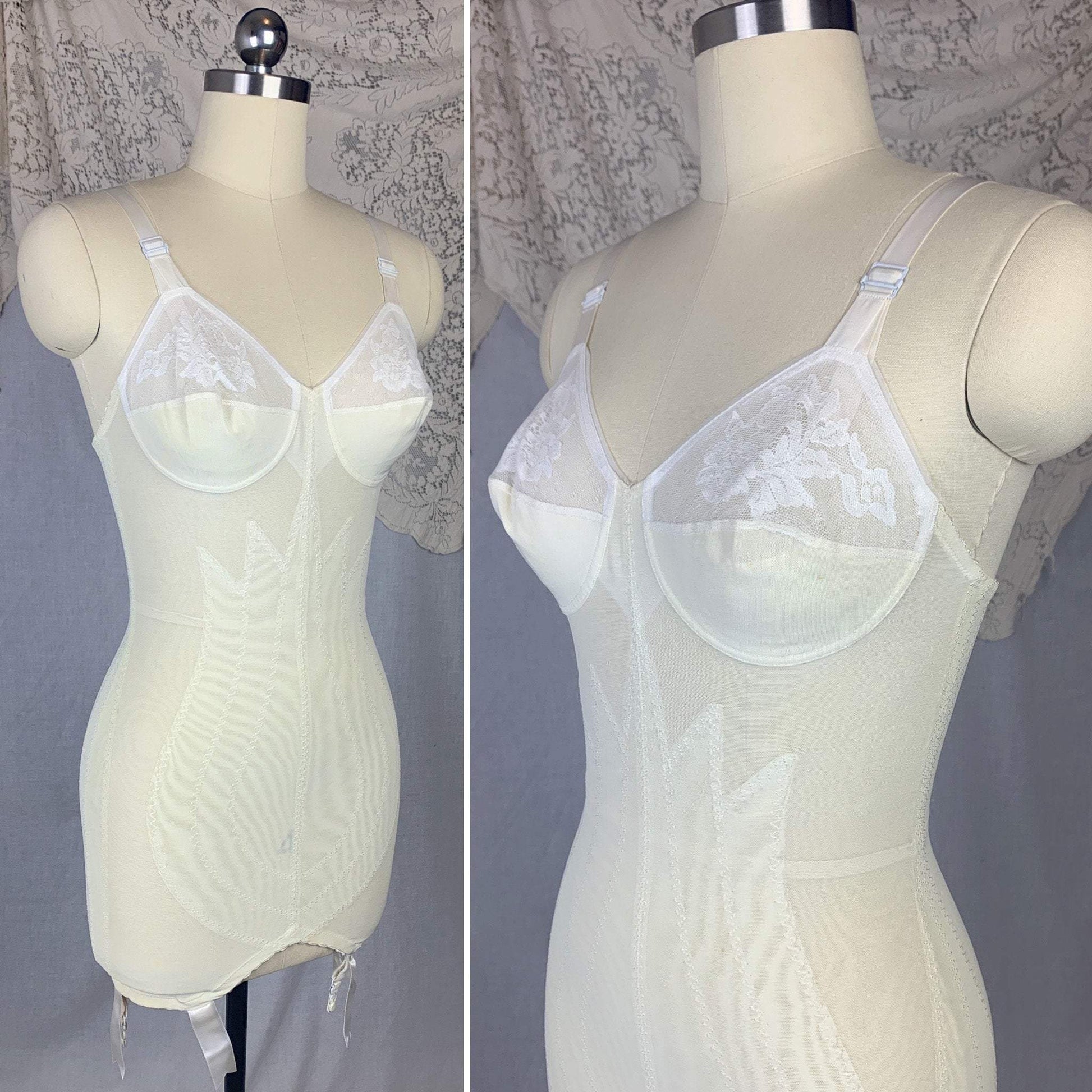 Vintage 1960's All in One Girdle | Pale Yellow & White Lycra Double Tulip Control with Bullet Cups | Size 34 B, S | Vanity Fair - Daggers & Dames