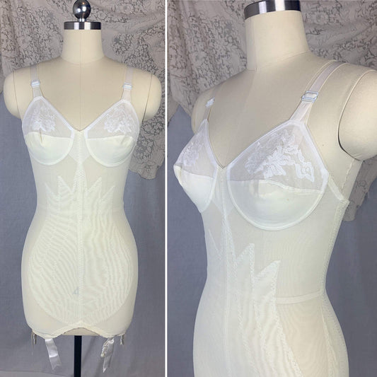 Vintage 1960's All in One Girdle | Pale Yellow & White Lycra Double Tulip Control with Bullet Cups | Size 34 B, S | Vanity Fair - Daggers & Dames