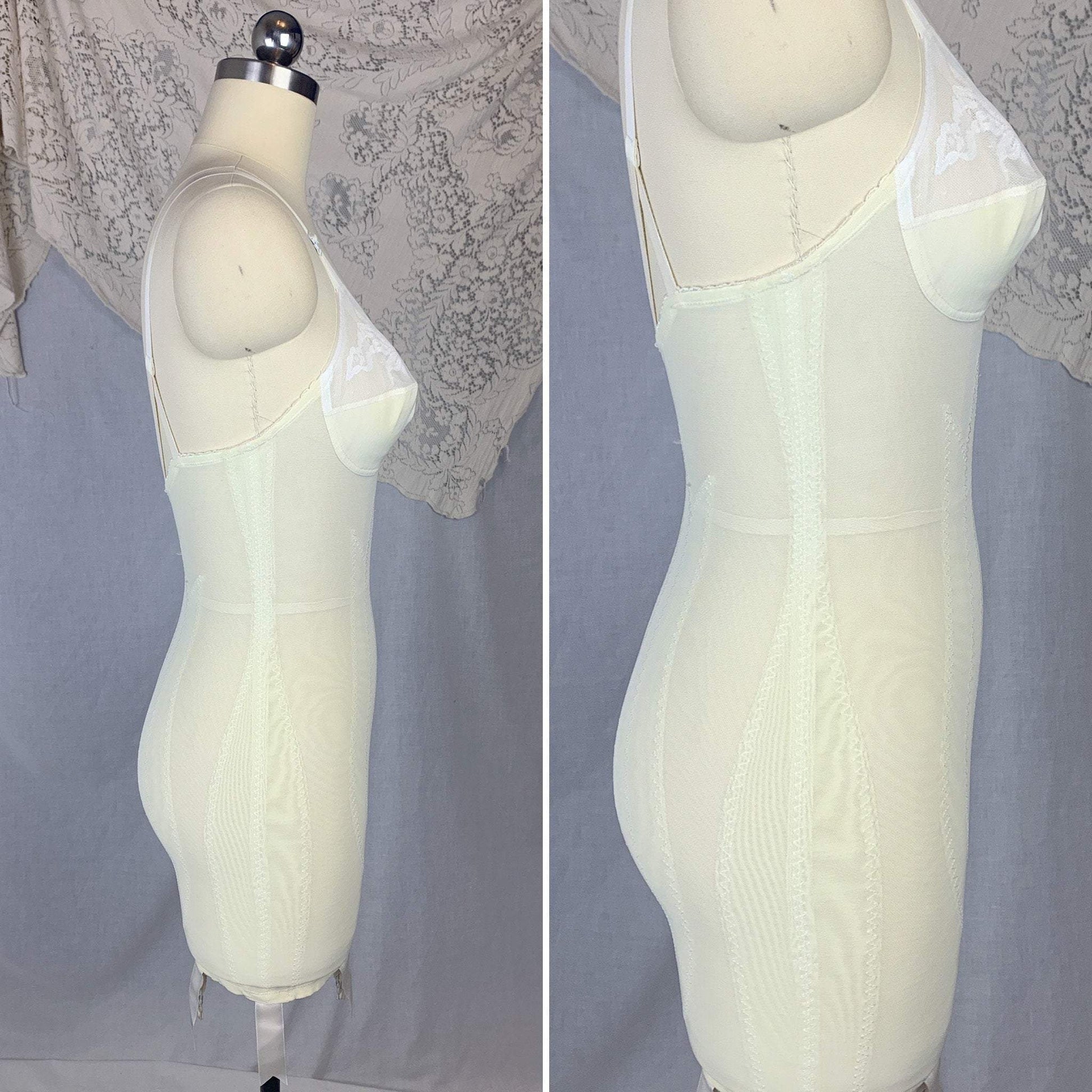 Vintage 1960's All in One Girdle | Pale Yellow & White Lycra Double Tulip Control with Bullet Cups | Size 34 B, S | Vanity Fair - Daggers & Dames