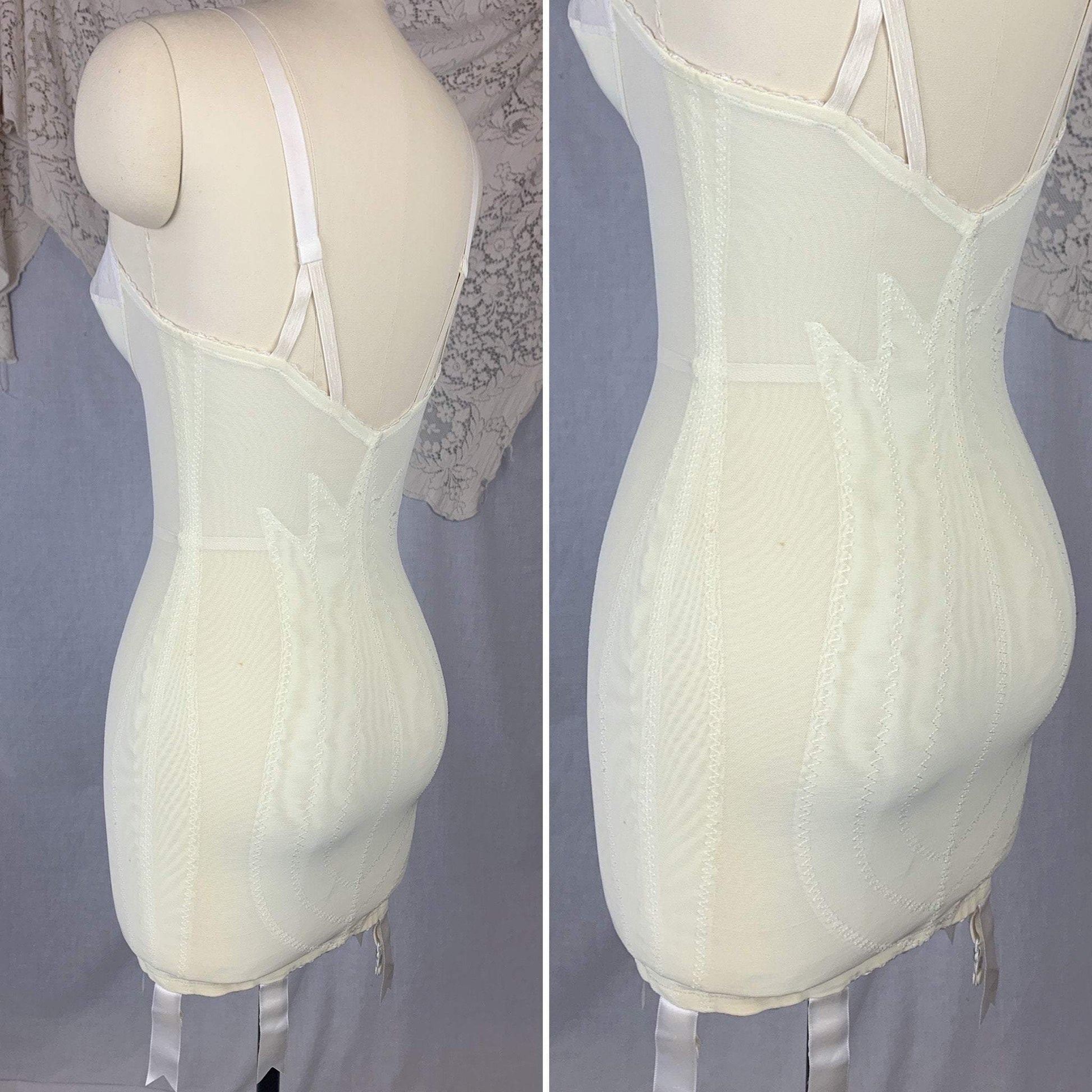 Vintage 1960's All in One Girdle | Pale Yellow & White Lycra Double Tulip Control with Bullet Cups | Size 34 B, S | Vanity Fair - Daggers & Dames