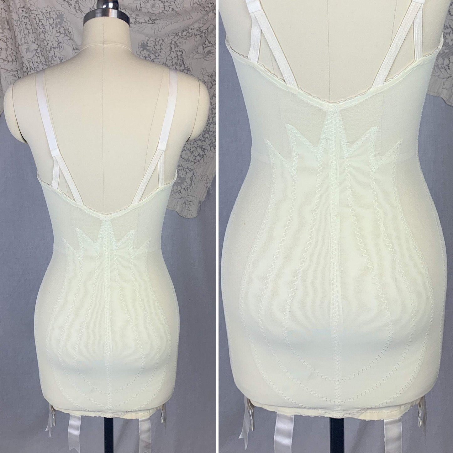 Vintage 1960's All in One Girdle | Pale Yellow & White Lycra Double Tulip Control with Bullet Cups | Size 34 B, S | Vanity Fair - Daggers & Dames