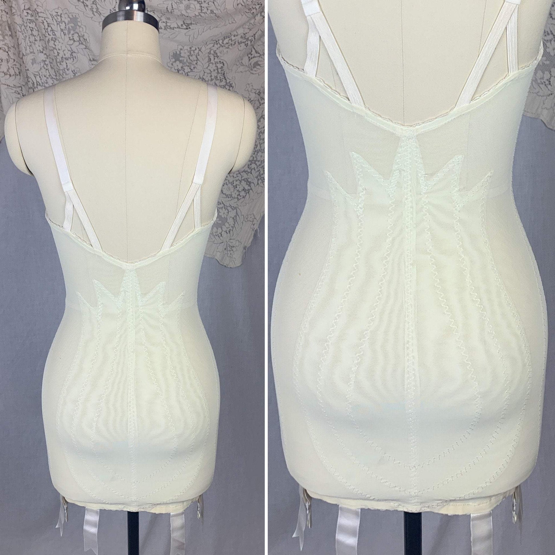 Vintage 1960's All in One Girdle | Pale Yellow & White Lycra Double Tulip Control with Bullet Cups | Size 34 B, S | Vanity Fair - Daggers & Dames