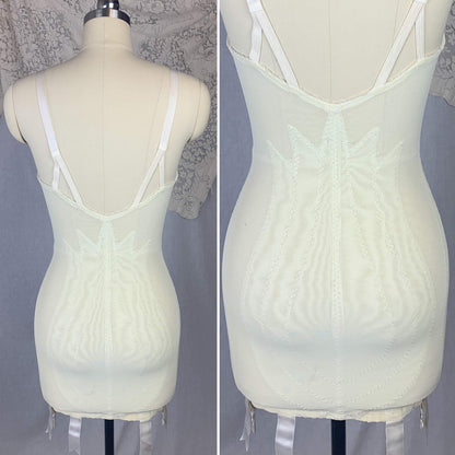 Vintage 1960's All in One Girdle | Pale Yellow & White Lycra Double Tulip Control with Bullet Cups | Size 34 B, S | Vanity Fair - Daggers & Dames