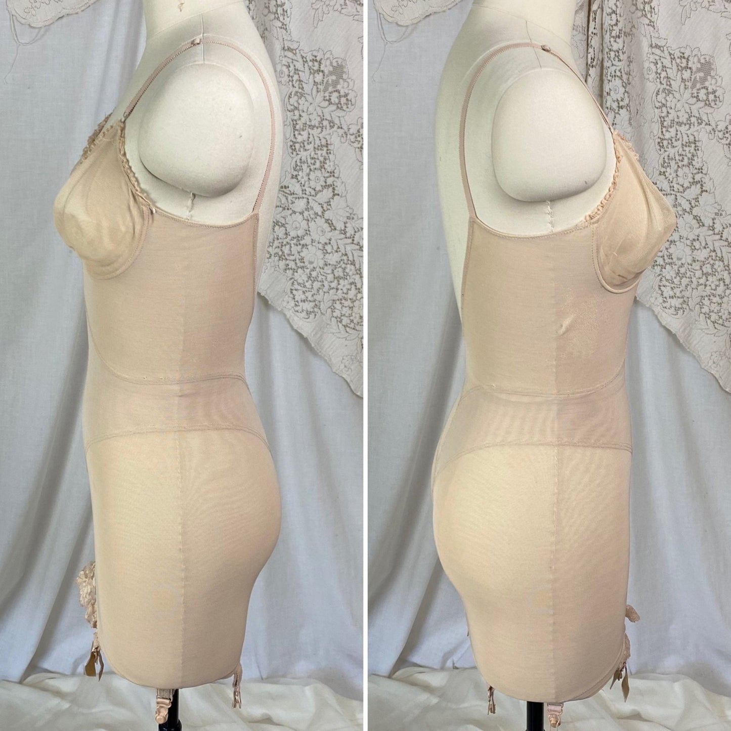 Vintage 1960's All in One Girdle | Warm Nude Power Mesh with Lace Ruffles & Bullet Cups | Size 34 C, 36 B | Warners| - Daggers & Dames