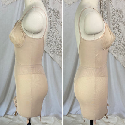 Vintage 1960's All in One Girdle | Warm Nude Power Mesh with Lace Ruffles & Bullet Cups | Size 34 C, 36 B | Warners| - Daggers & Dames